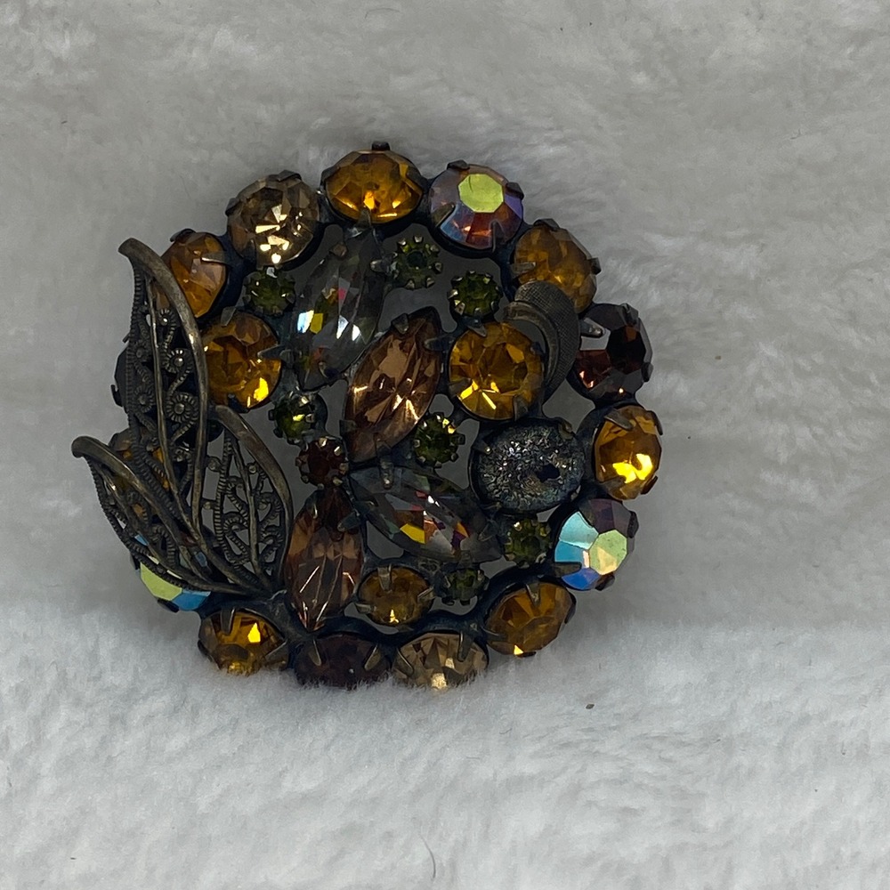 VTG Alice Caviness Yellow Topaz‎ Vitrail Rhinestone Lava Filigree Brooch